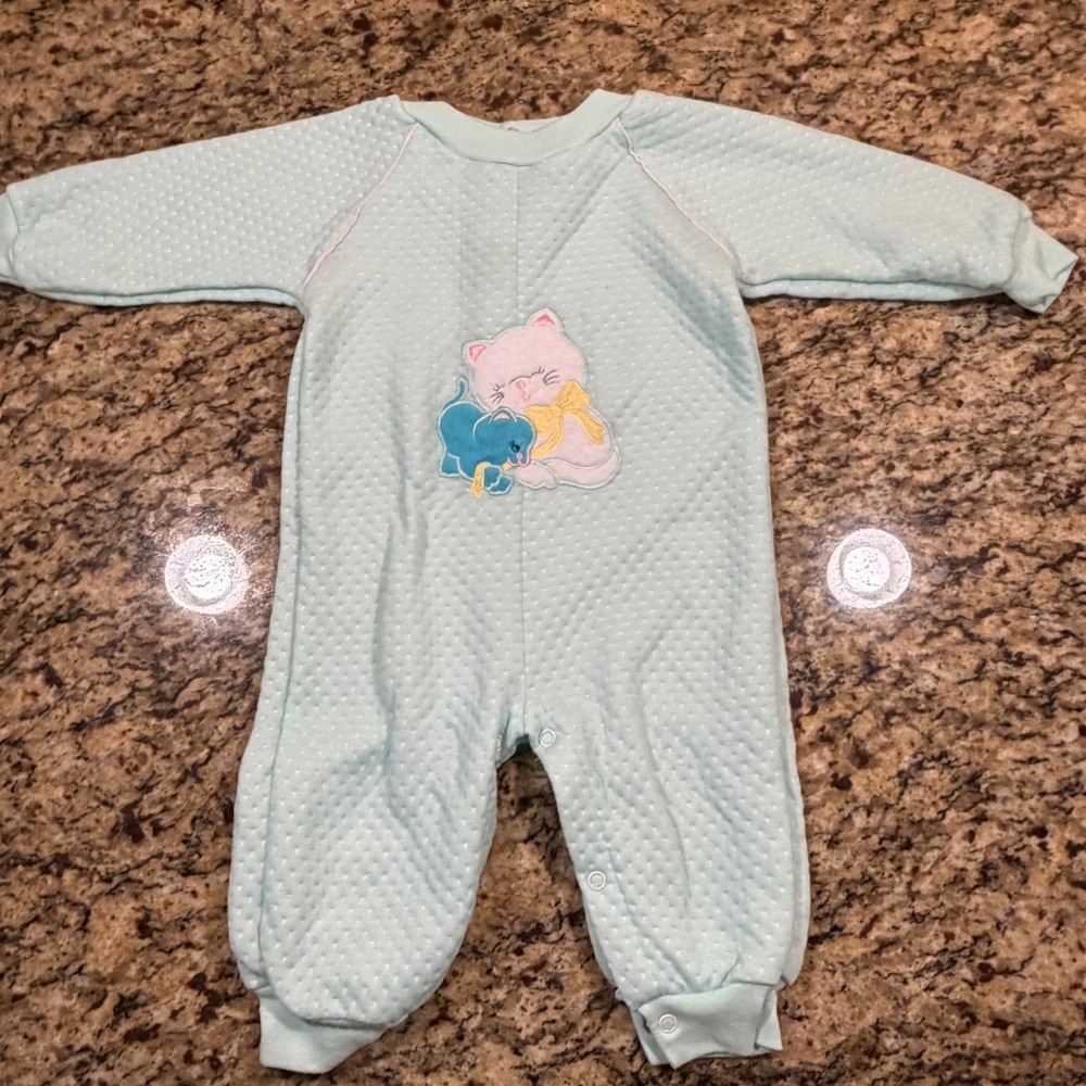 Small Steps Baby Girl Mint Green‎ Quilted Cat Romper One Piece 24 Months Vintage